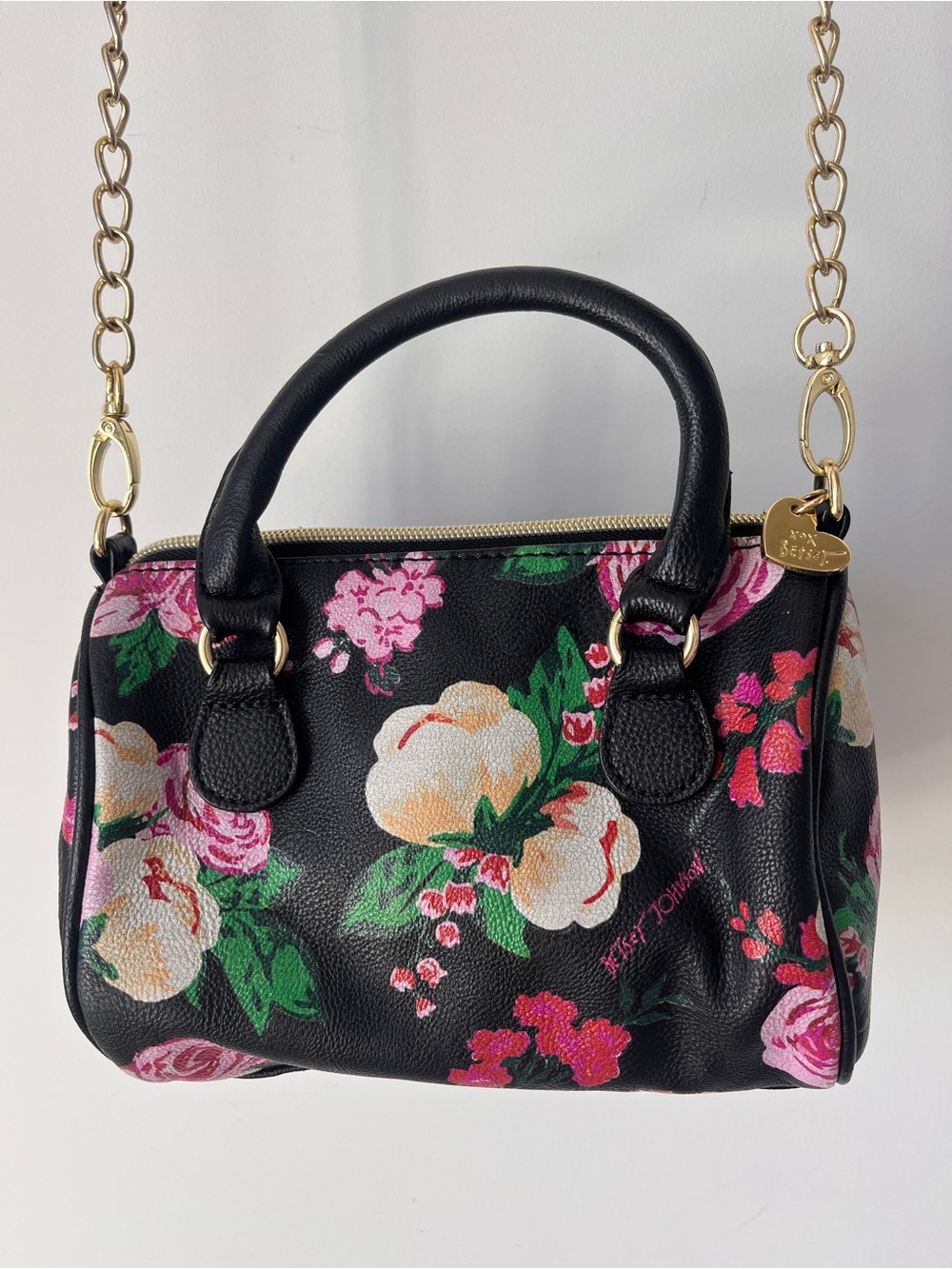 2 for $40- Betsey Johnson Black Floral Satchel with Gold Hardware and Large Bow - Picture 2 of 7